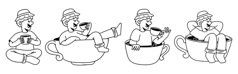 Collection of Hand Drawn Men Relaxing and Drinking Coffee Inside Large Glass Illustrations