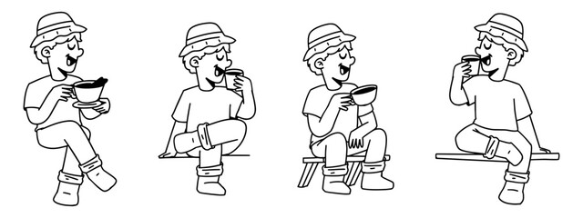 Set of Hand Drawn Illustrations Featuring Men Sitting and Drinking Coffee Line Art
