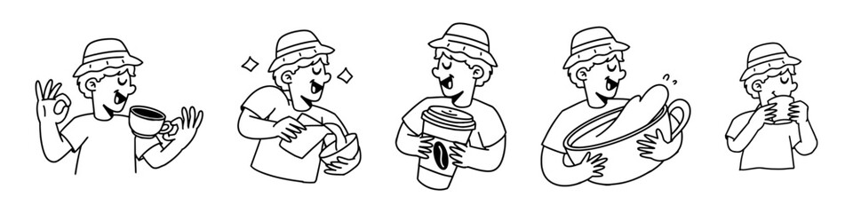 Hand Drawn Illustration Set of Male Characters Holding Various Coffee Drinks Line Art