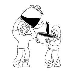 Man Pouring Coffee Pot into Glass Held by Woman Hand Drawn Couple Illustration