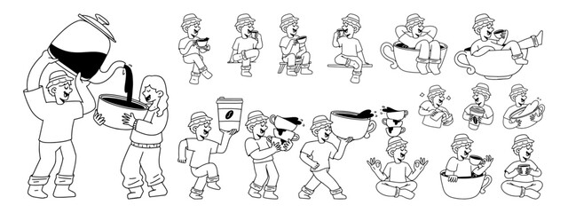 Set of Hand Drawn People Enjoying Free Time and Drinking Coffee Illustrations