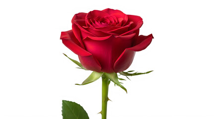 Naklejka premium Beautiful single red rose with green stem and leaves isolated on transparent background