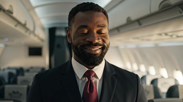 Businessman in Suit Listening Intently on Airplane Interior