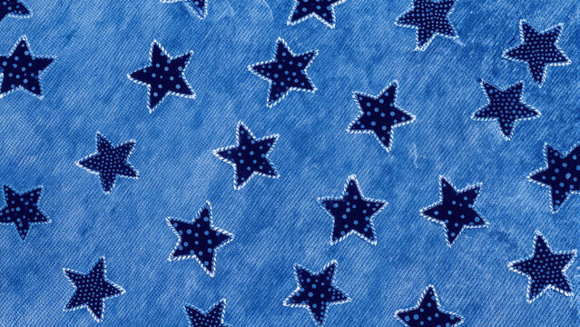 Seamless blue background pattern featuring stylized dark blue stars for festive patriotic holiday designs trendy fashion textiles and playful wrapping paper.