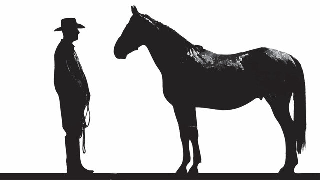 silhueta de homem do campo com cavalo isolado fundo branco conceito rural agro minimalista