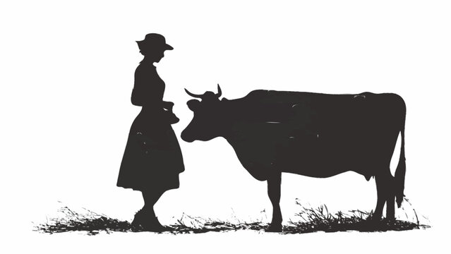 silhueta de mulher do campo com touro isolado sobre fundo branco conceito pecuaria vida rural forca e conexao com natureza