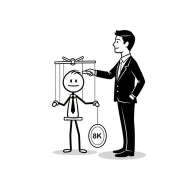 Businessman controlling puppet with 8K strings.