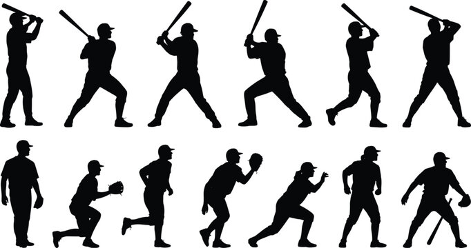 Baseball player silhouettes collection featuring batters hitting, pitchers throwing, catchers squatting, and athletes running in action poses on white background.