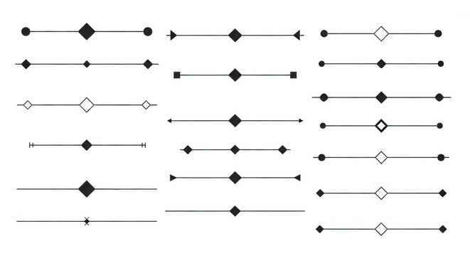 Set of decorative dividers with diamond shapes, vector design elements for text separation isolated on transparent background