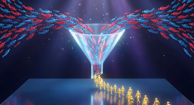 Conceptual sales funnel filtering a large crowd of blue and red human figures into a select line of golden individuals representing customer conversion and lead generation success