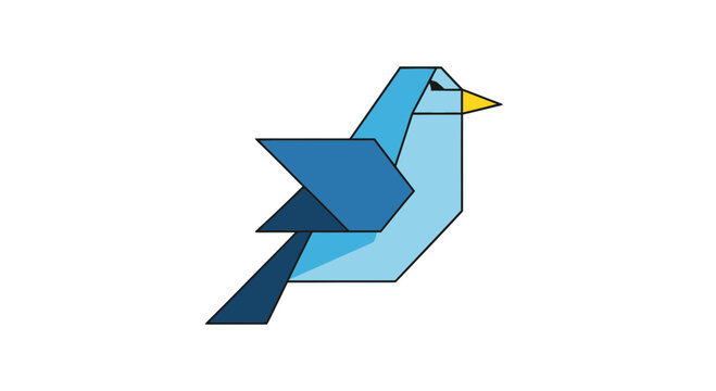 Blue origami bird illustration, geometric, clean design, isolated on white background