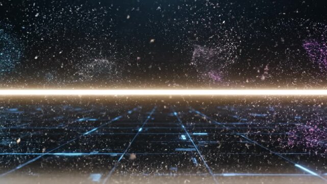 Futuristic digital grid with glowing lines and abstract particles blue and purple light, dynamic neon energy streams collide virtual background, creating powerful high tech visual effects and vibrant