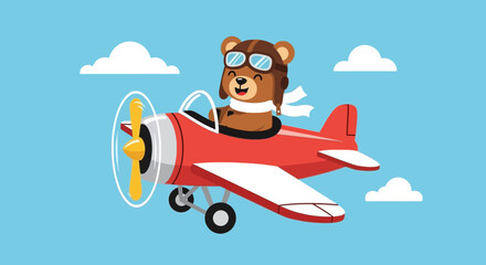 Cute cartoon bear pilot flying a red airplane © Anisah