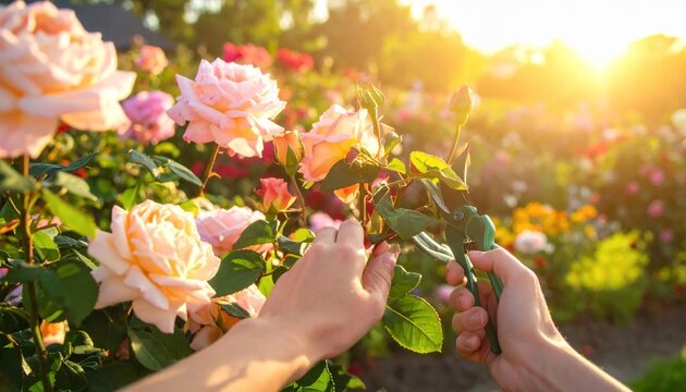 Hands pruning beautiful pink roses in a vibrant garden at sunset.