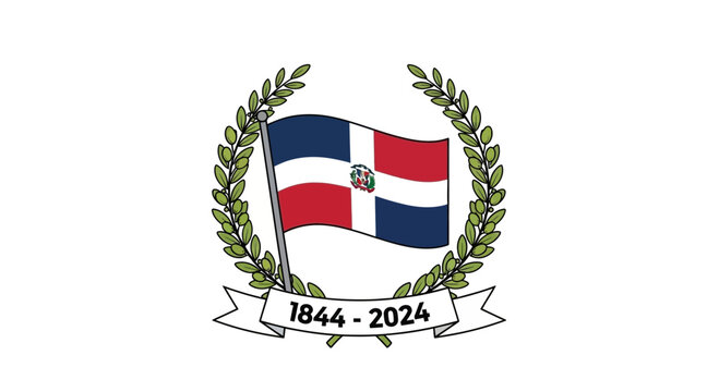 Dominican Republic Flag with Laurel Wreath and Anniversary Banner 1844-2024