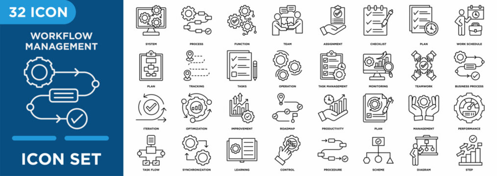 Workflow management icon set illustrating tasks, operation, teamwork, monitoring, task management, roadmap, plan, for management and corporate project
