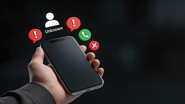 Hand holding smartphone with incoming call from unknown number red warning exclamation marks green accept and red decline buttons spam protection privacy security scam alert