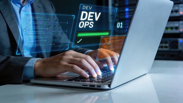 DevOps engineer typing on laptop with holographic code interface in server roomsoftware development conceptcloud computingautomationIT infrastructure managementcontinuous