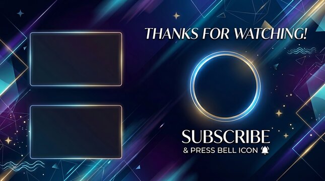 A futuristic digital video outro screen with glowing neon borders for subscriber engagement, thanks for watching, and next video prompts.
