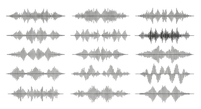 Set of sound waves, audio equalizer, digital music wave, voice frequency, sound track, vector illustration isolated on transparent background