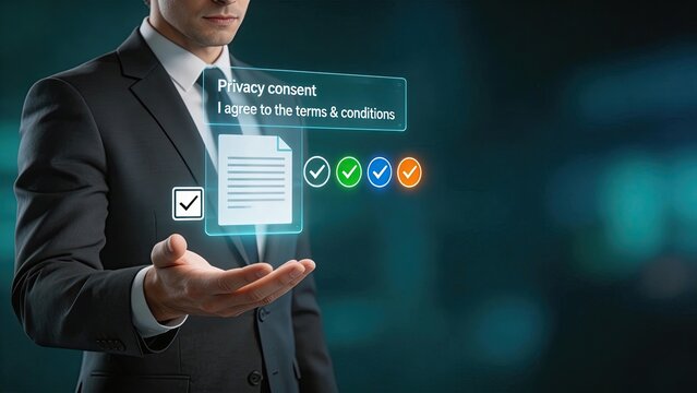 Businessman using futuristic interface for privacy consent agreeing to terms and conditions with digital document data protection cybersecurity and legal compliance concept