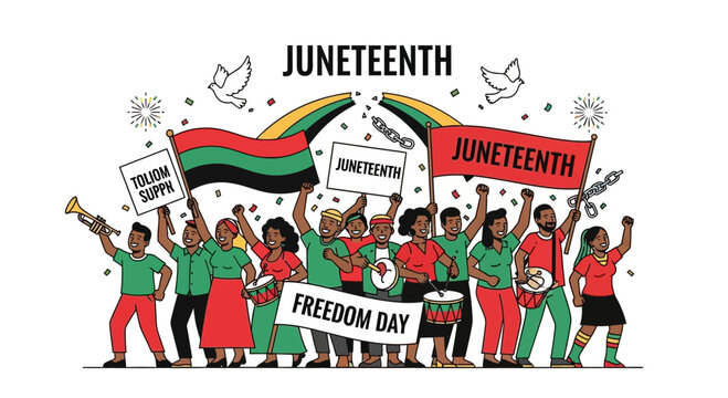 Juneteenth Celebration: Diverse People Celebrate Freedom Day with Flags and Music