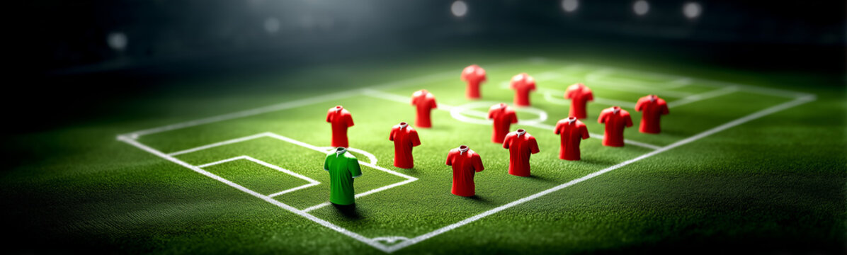 Strategic Formation: Miniature figurines representing a soccer team are arranged in a dynamic formation on a vibrant green field, showcasing tactical planning and competitive spirit. 