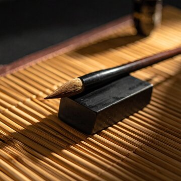 Traditional Chinese Calligraphy Brush and Ink Stone on Bamboo Mat.
