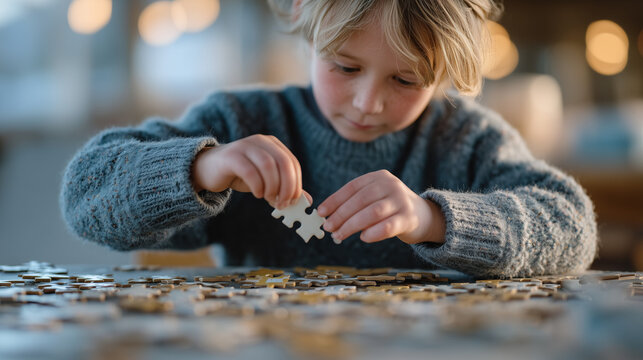 Engaged Mind at Play: A young child with blonde hair focuses intensely on fitting the final puzzle piece, demonstrating concentration and patience.