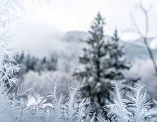Winter Wonderland - Frosty Window with Snowy Pine Trees and Icy Landscape.