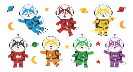 Cartoon husky dogs in colorful spacesuits float among planets and stars a charming celestial silhouette high quality professional detailed modern elegant © GDOthoi02
