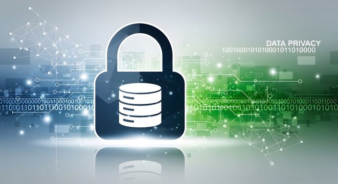 Padlock with database icon representing data privacy and security online with binary code in background