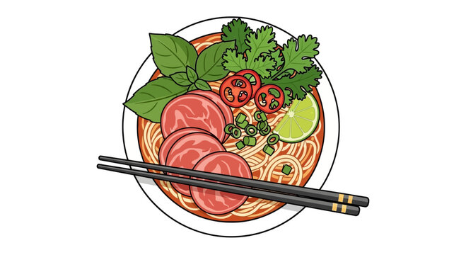 Vietnamese Pho Bo Noodle Soup with Beef, Herbs, Lime, and Chopsticks - Illustration