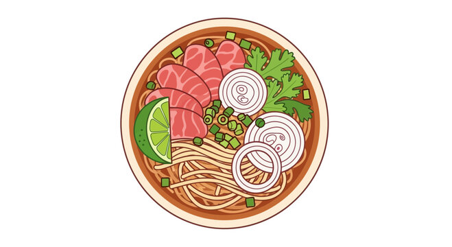 Vietnamese Pho Noodle Soup Bowl with Beef, Lime, and Herbs - Top View Illustration