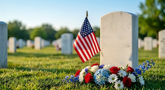 Memorial Day scene features a small American flag placed beside white military gravestone in a peaceful cemetery adorned with red white and blue flowers arranged respectfully bathed in morning light