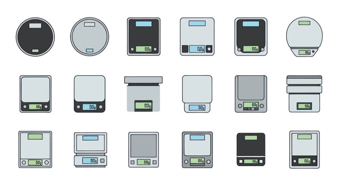 Collection of Digital Kitchen Scales, Various Designs and Sizes, Isolated on White Background