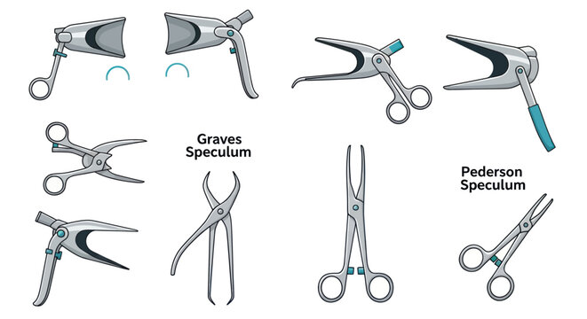 Medical Surgical Instruments Set: Various Speculums, Forceps, Scissors on White Background