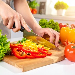 Womans Hands Slicing Fresh Bell Peppers on a Wooden Cutting Board in a Bright Kitchen.