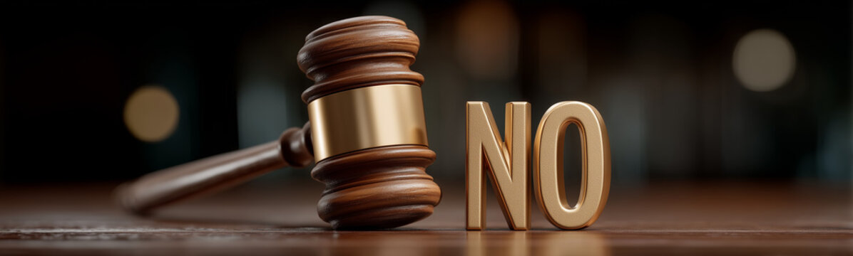 The Sound of Denial: A gavel rests beside the word NO, a symbolic expression of dissent and refusal, emphasizing the power of negation and the weight of decisions.