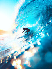Surfer Riding Inside Giant Blue Ocean Barrel Wave