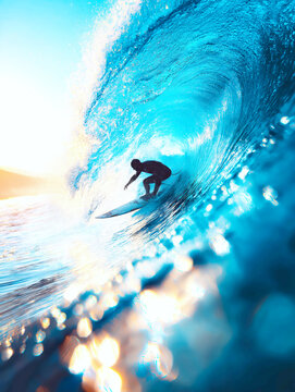 Surfer Riding Inside Giant Blue Ocean Barrel Wave