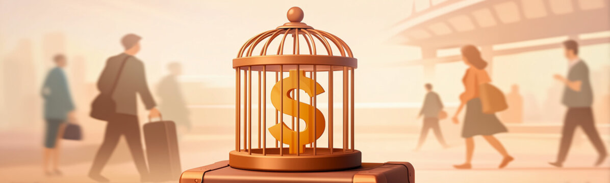 Financial Confinement: A surreal scene depicts a golden dollar sign caged, symbolizing the constraints of finances within a bustling, blurred urban environment.