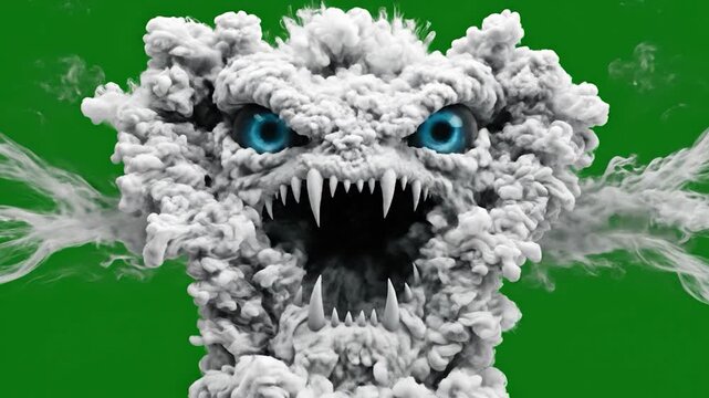 A menacing cloud creature with sharp teeth and glowing eyes emerges from a burst of white smoke against a vibrant green background