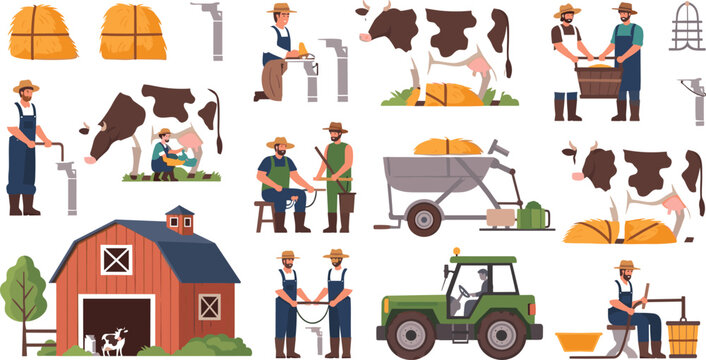 Dairy farm vector set with farmers milking cows barn tractor hay and rural agriculture activities illustration isolated on white background