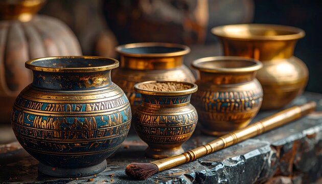 Ancient Egyptian Vases and Brush on Stone Surface.