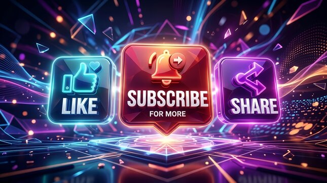 Glowing neon digital like subscribe and share buttons hover above a futuristic glowing platform display