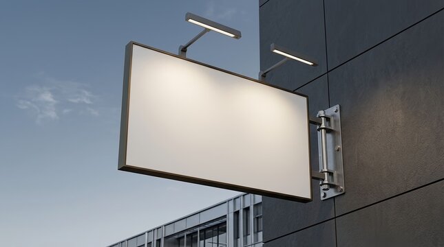 Illuminated rectangular outdoor business signboard mockup featuring bright modern lighting against a contrasting dark facade