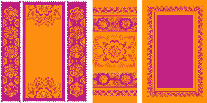 Colorful patterned borders with floral motifs and geometric designs