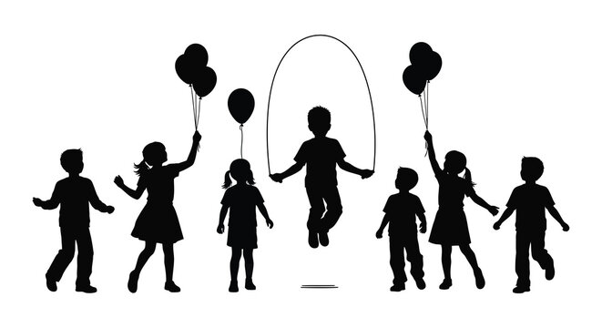 A group of children enjoying playtime with balloons and a jump rope depicted in striking silhouette high quality professional detailed modern