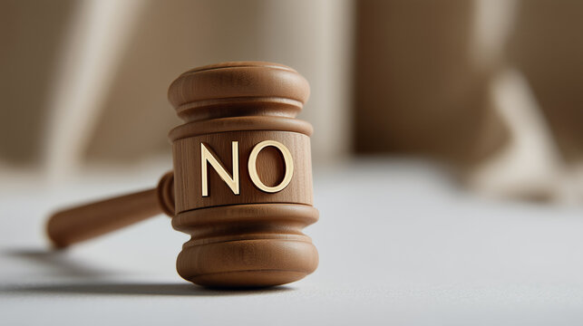 Wooden Mallet Symbolizing Denial: The gavel, marked with the emphatic word NO, resting on a plain surface and conveys a strong message of refusal and rejection. 